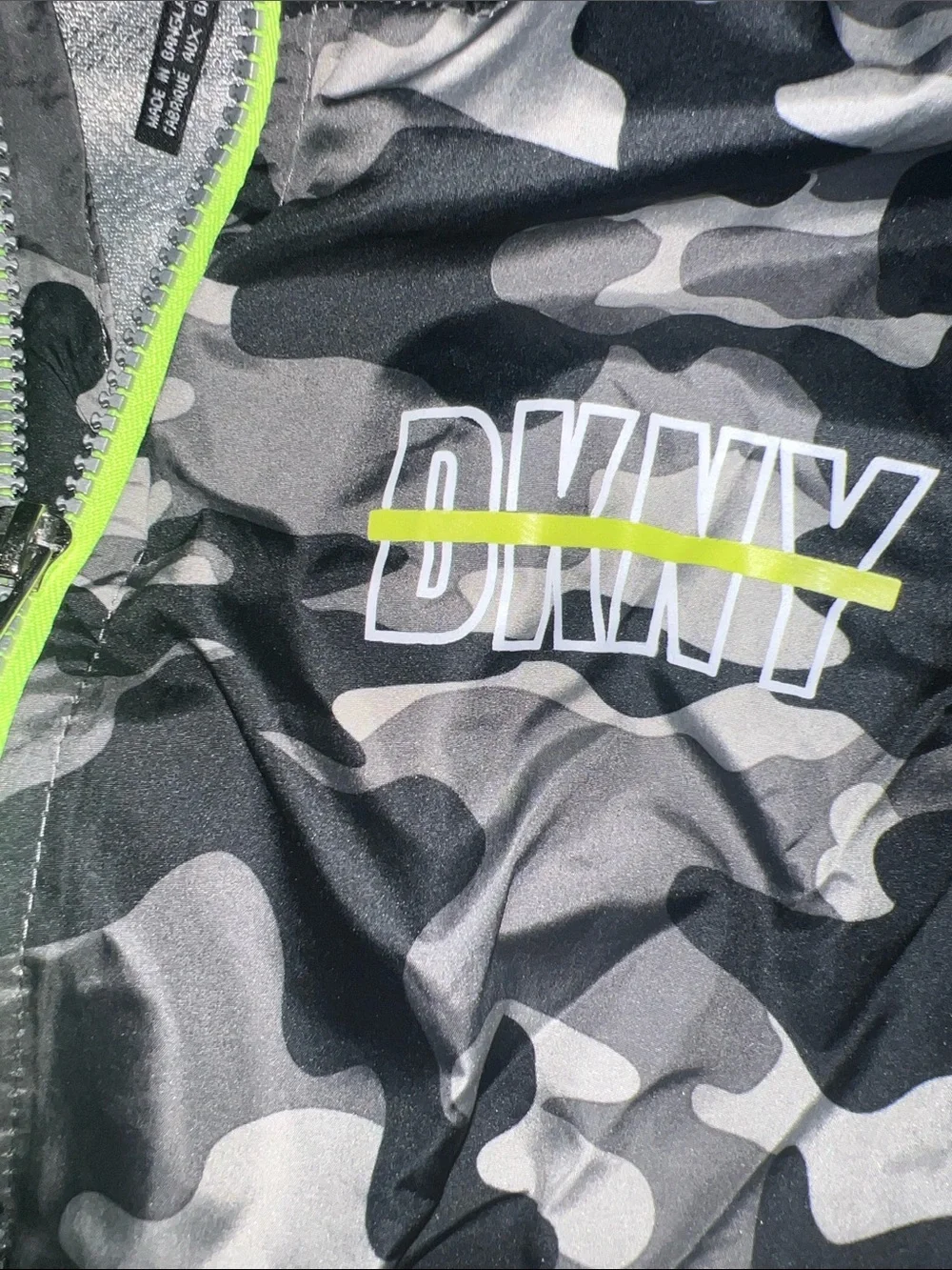 DKNY Kids White Logo Tee & Black/Grey Camo DKNY Windbreaker Jacket Set Neon Acce